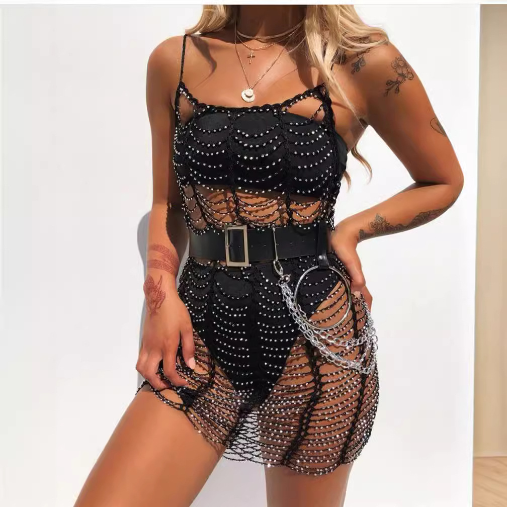 European and American Cross-border Beach Vacation Sexy Vacation Hand-crocheted Hollow Beaded Stacked Blouse Dress