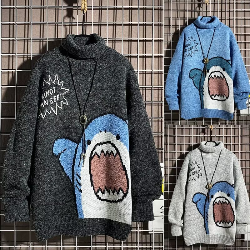 Foreign Trade Cross-Border Round Neck Turtleneck Sweater Men's Autumn and Winter Youth Loose Casual Cartoon Shark Knitted Bottoming Shirt