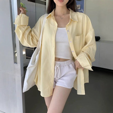 跨境黄色韩系条纹衬衫女秋夏季甜美设计感小众休闲宽松衬衣外套