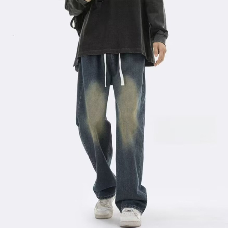American Retro Black and Gray Gradient Jeans Men's Autumn and Winter New Velvet Vibe High Street Washed Wide-Leg Straight Pants