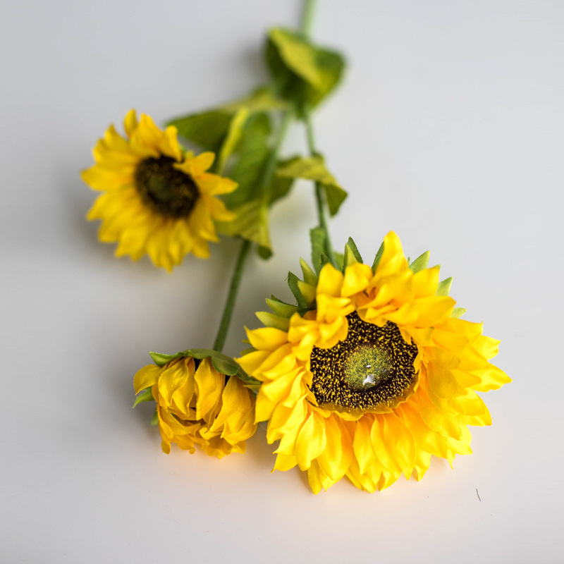 模造植毛棒単枝3頭ヒマワリ造花シンプル現代家庭装飾人工太陽花|undefined