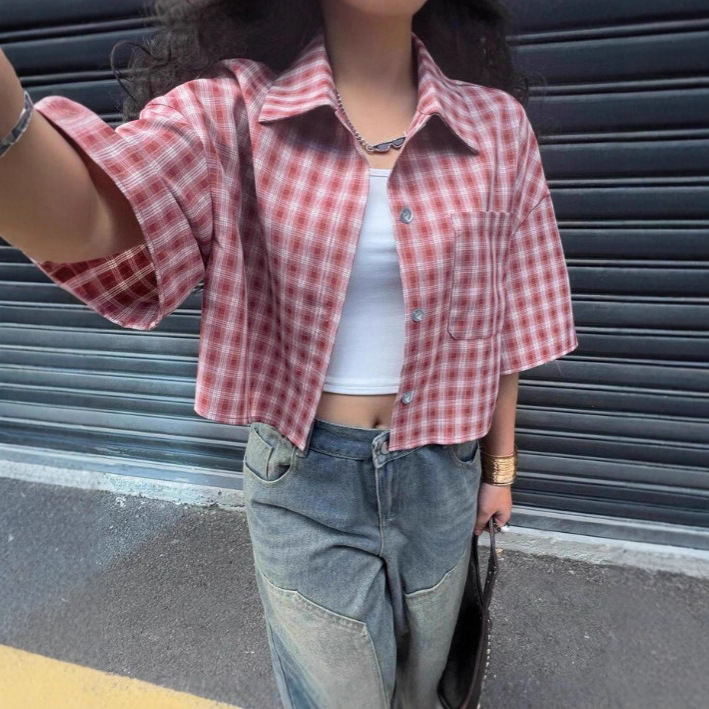 Plaid Shirt Women's Short Style with Five-Quarter Sleeves 2025 Summer New European and American Cross-Border Women's Tops