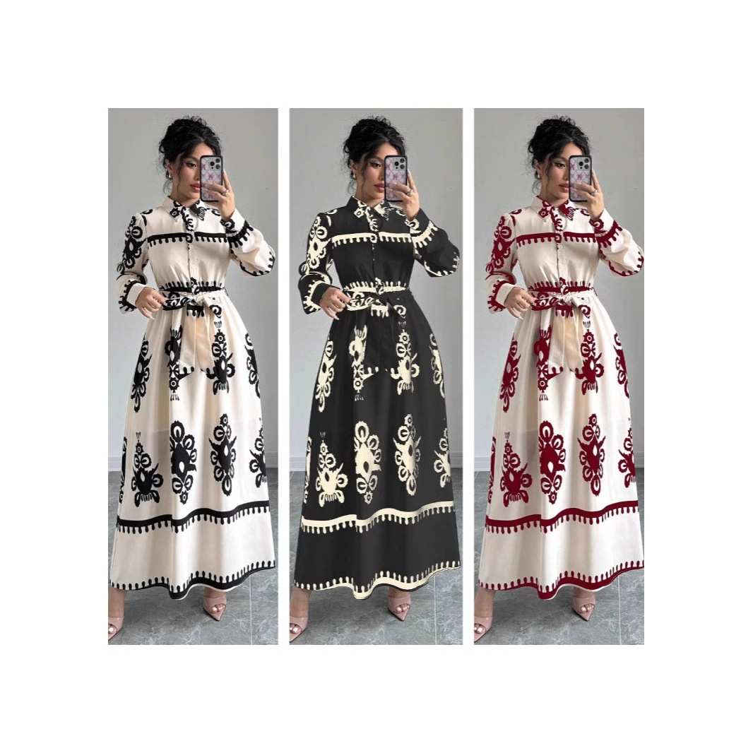 跨境秋冬2024速卖通亚马逊独立站印花绑带连衣裙优雅长袖连衣裙