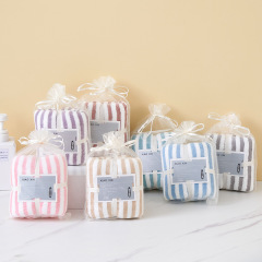 經編毛巾橫條高密珊瑚絨加厚毛巾綁卡紗袋裝送禮品巾洗臉毛巾吸水