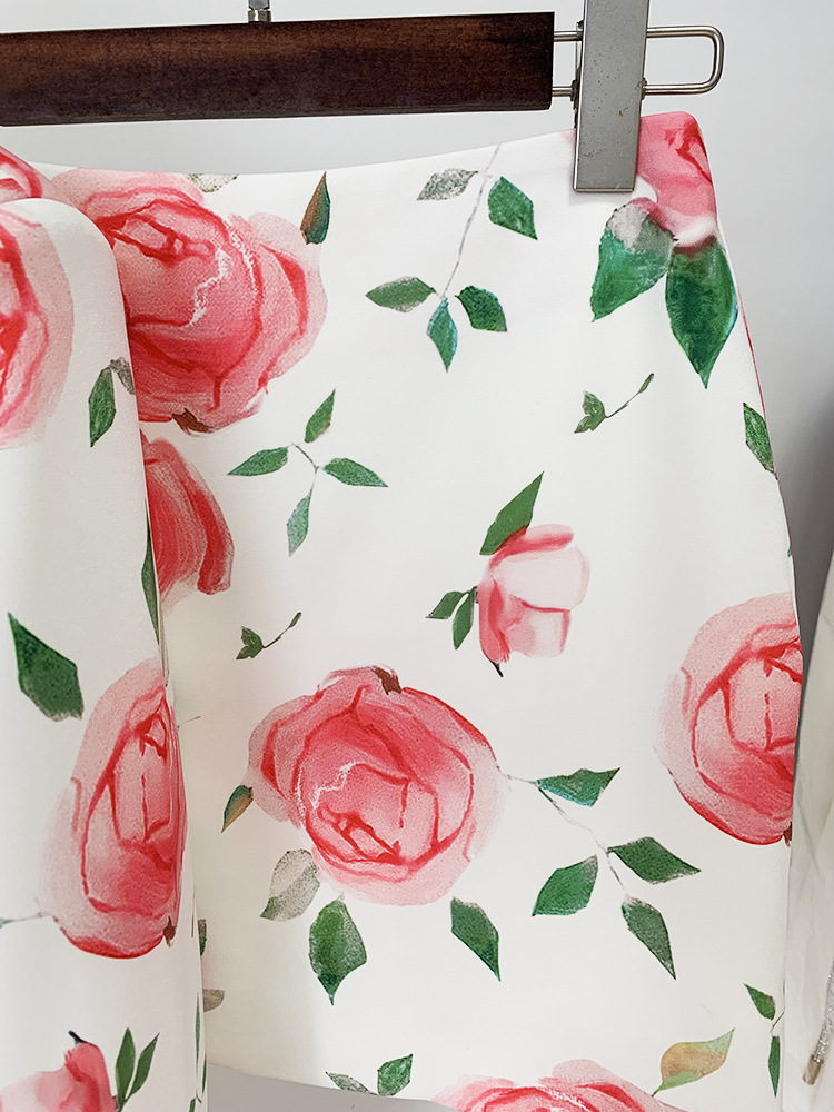Rose Printed Double Breasted Skirt Set Two Pieces