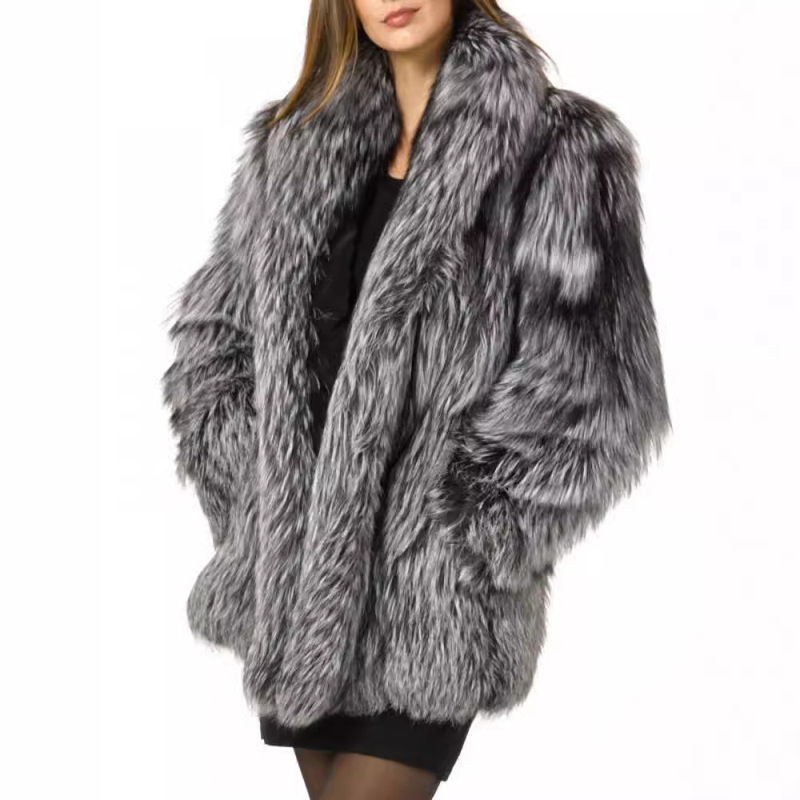 Haining Imitation Fur European and American New Mid-length Fashion Fox Fur Lapel Jacket Manufacturers Wholesale Origin Supply