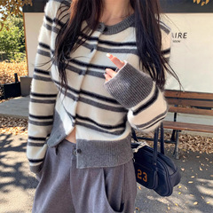 韩系短款条纹100羊毛开衫女早秋小个子宽松圆领毛衣外套外搭上衣