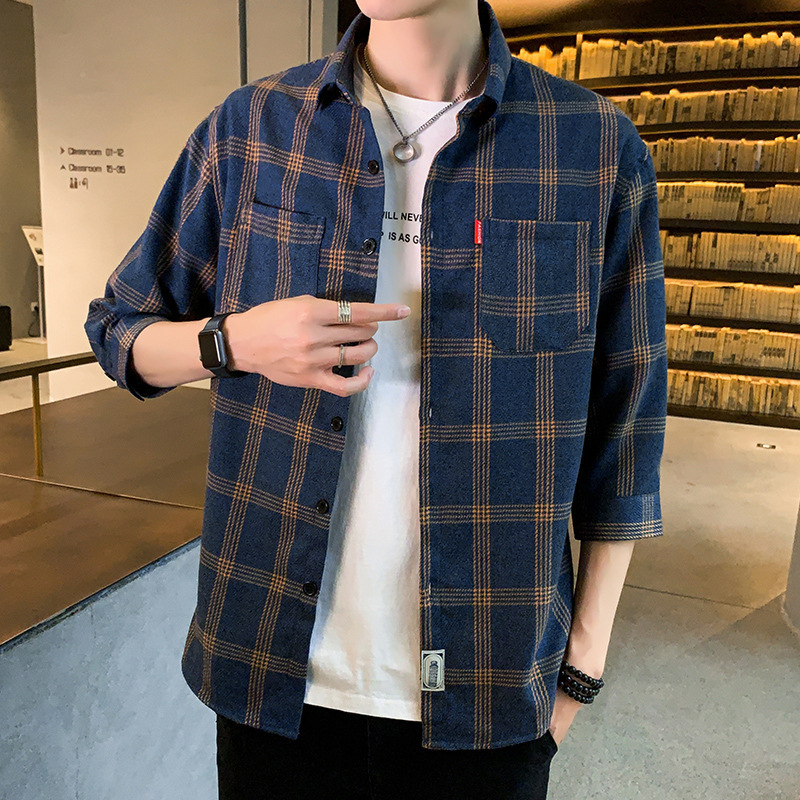 2021 Spring and Autumn New Arrival Seven-point Sleeve Plaid Shirt Men's Korean Style Slim-fit Youth Loose Large Size Casual Trendy Shirt 2021 Spring and Autumn New Arrival Seven-point Sleeve Plaid Shirt Men's Korean Style Slim-fit Youth Loose Large Size Casual Trendy Shirt