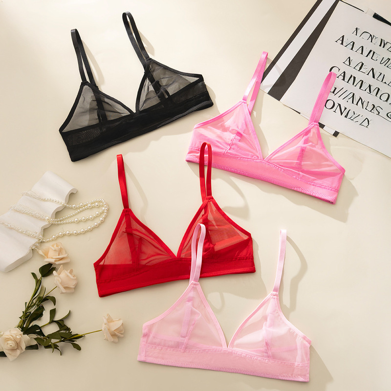Cross-Border Amazon French Sexy Transparent Three-Point Women's Bra Small Breast Mesh Underwear Hot Girl Ultra-Thin Style