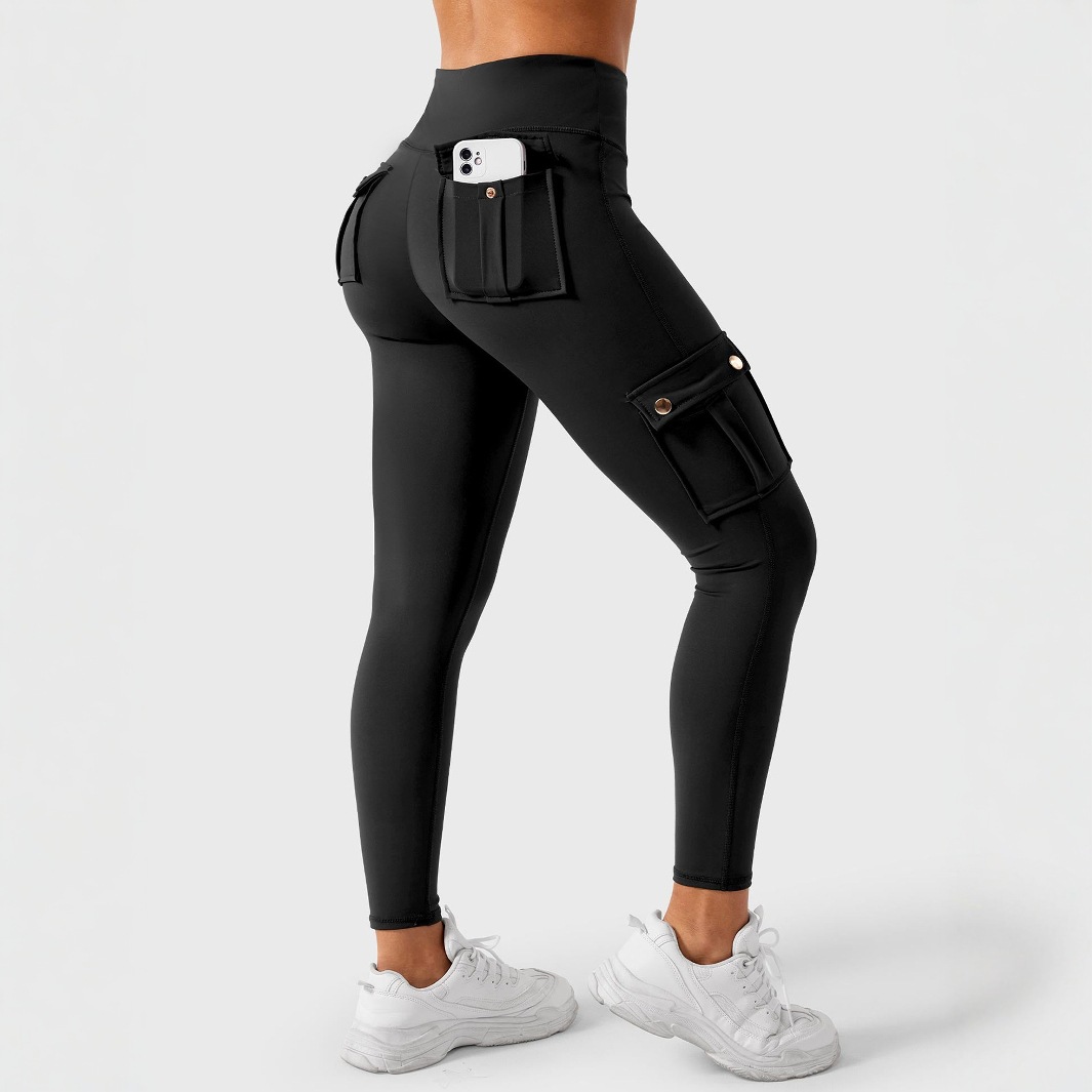 국경을 넘은 포켓 작업복 피트니스 바지 여성용 고탄력 타이트 요가 바지 속건성 러닝 힙 리프팅 바지 바디 셰이핑 유럽 및 미국