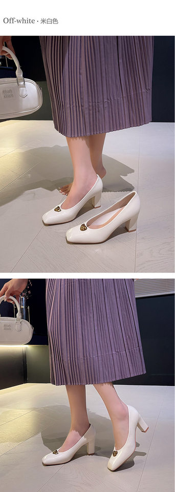 Giày cao gót nữ mũi vuông gót thô phối kim loại kiểu cổ điển, gót 6–8 cm — Màu trắng nhạt, rượu vang đỏ, đen chi tiết 6