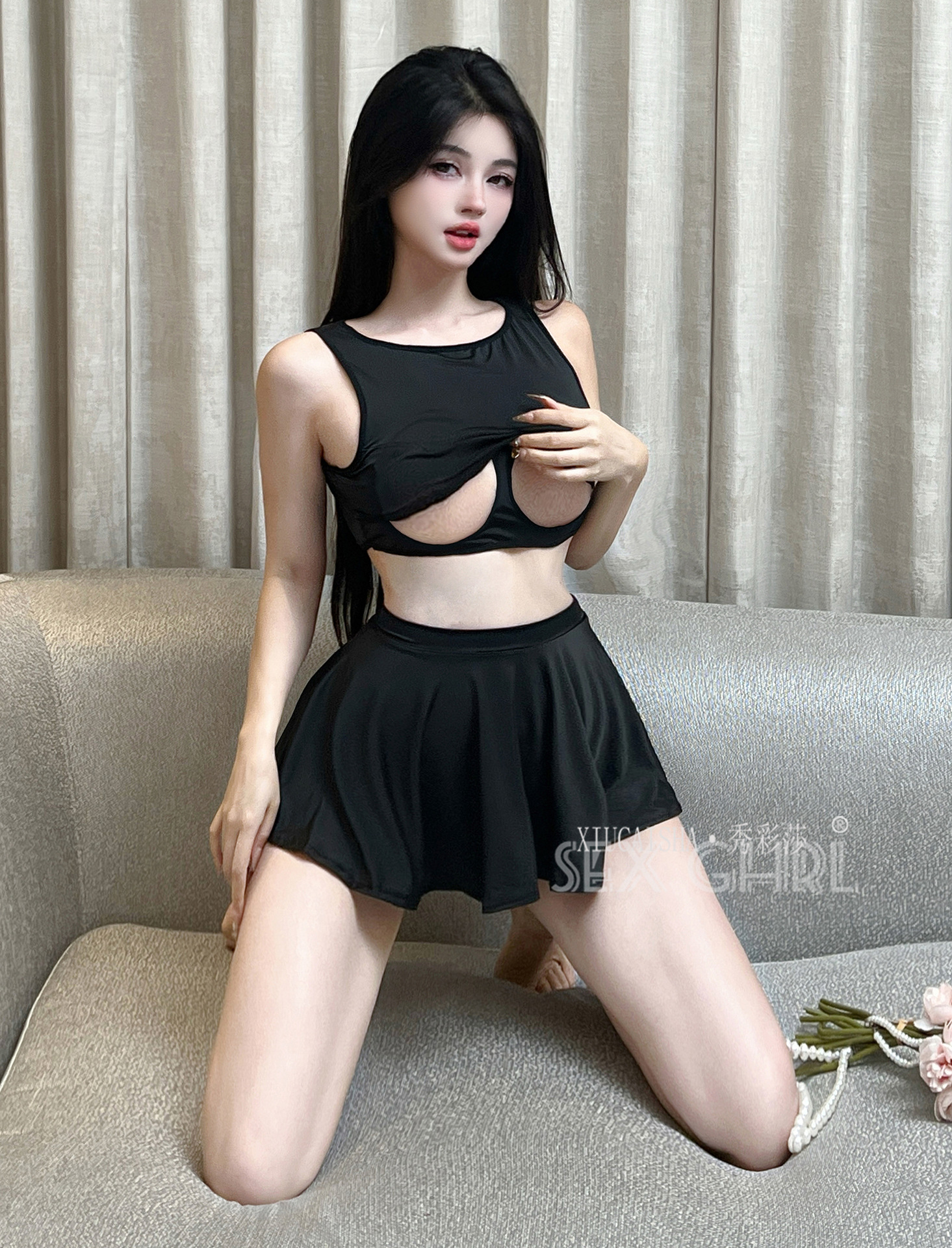 Seductive Uniform Lingerie Set with Waist-Revealing Skirt and Hollow-Out Design — detail image 10