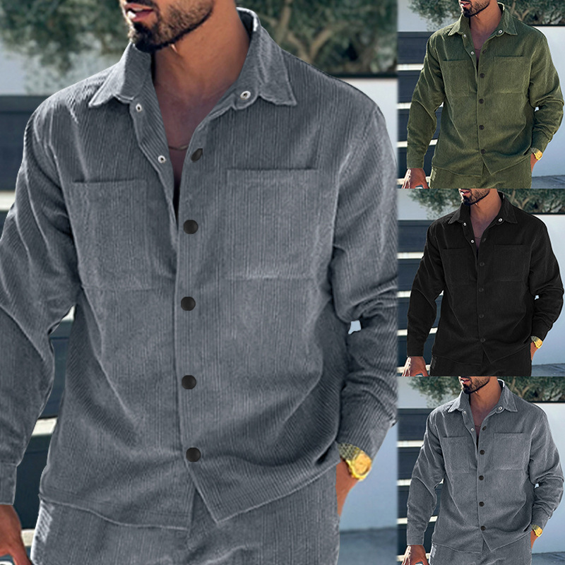 2024 men's casual corduroy button up shirt with multiple pockets, solid color slim fit cardigan jacket, spring/summer_vogarts.com