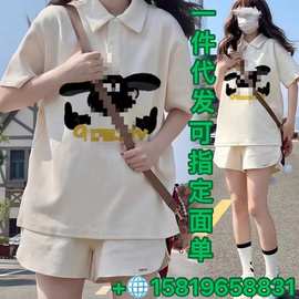 可爱休闲运动套装女夏Polo衫卡通短袖短裤学生韩版宽松跑步两件套