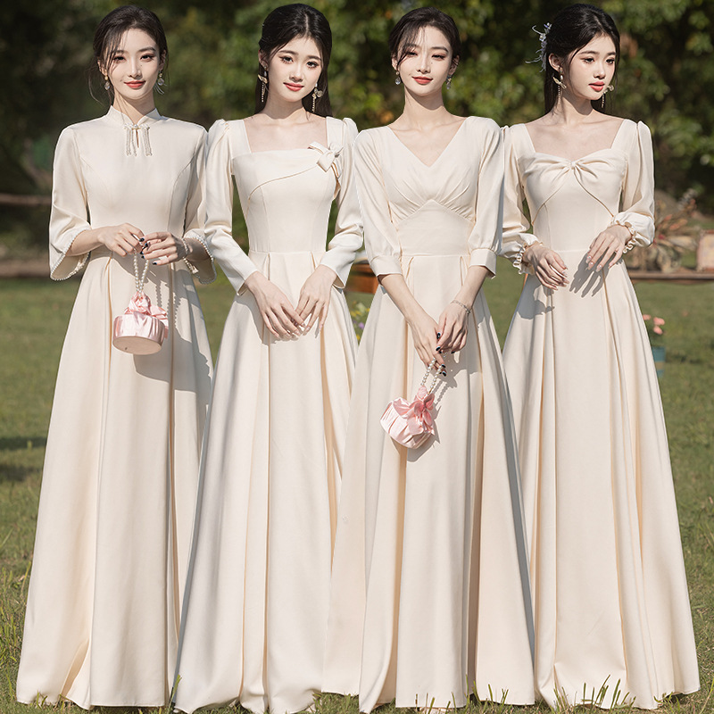 Bridesmaid Dresses 2026 New Style Champagne Color Long-Sleeve High-End Niche Exquisite Satin New Chinese-Style Gown for Spring