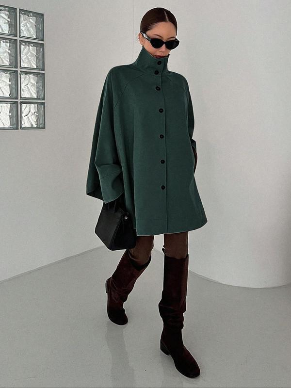 Women's Plain Pocket Button Front Coat Elegant Batwing|undefined
