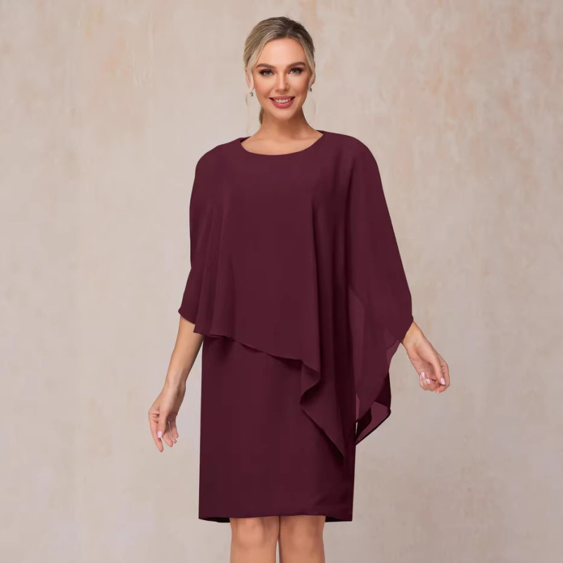 European and American Cross-Border New Chiffon Dress, Loose Fit, Tummy-Concealing, Batwing Sleeves, Cape Style, Elegant, Plus-Size Evening Gown for Women
