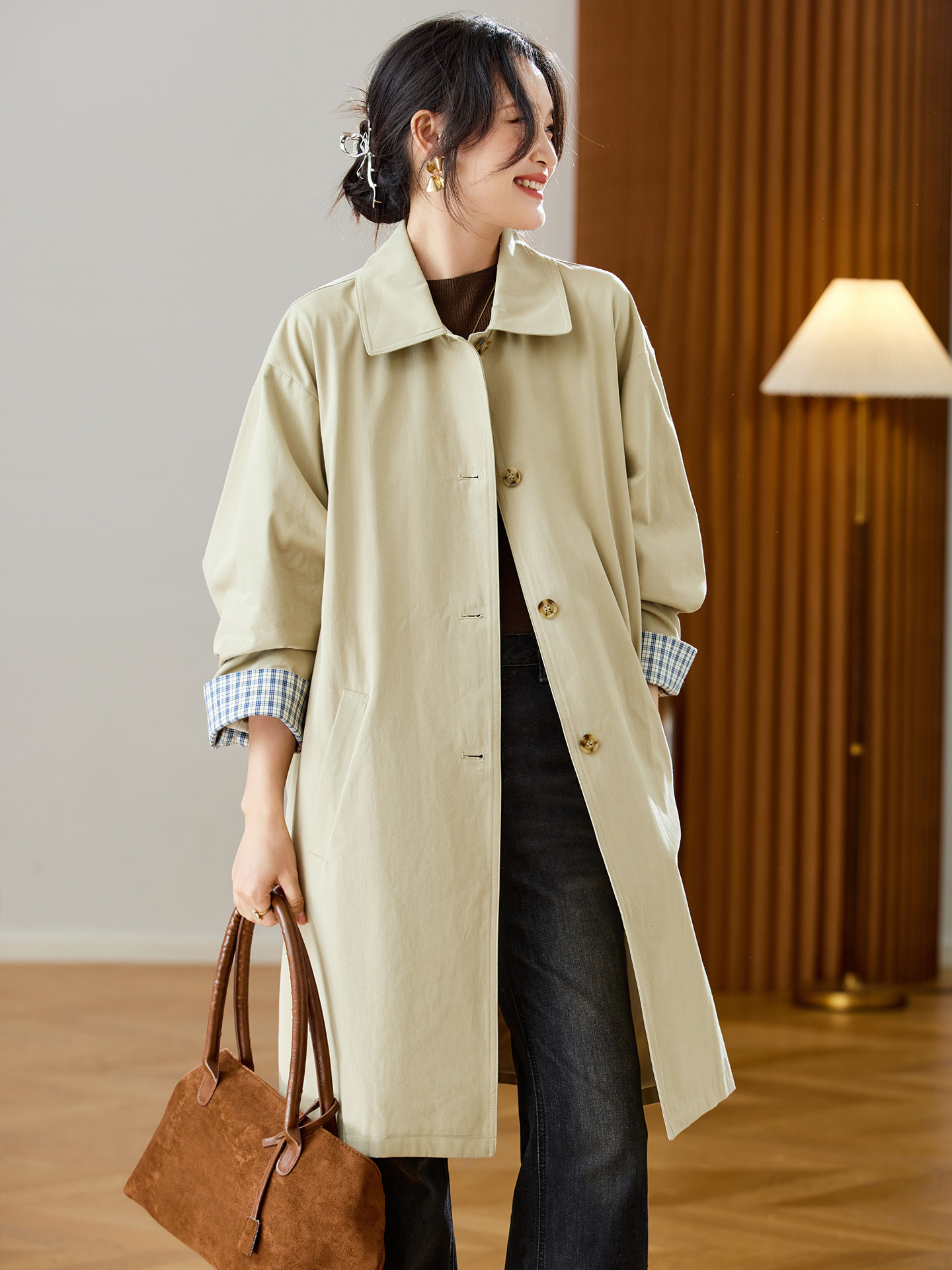 Khaki long autumn trench coat