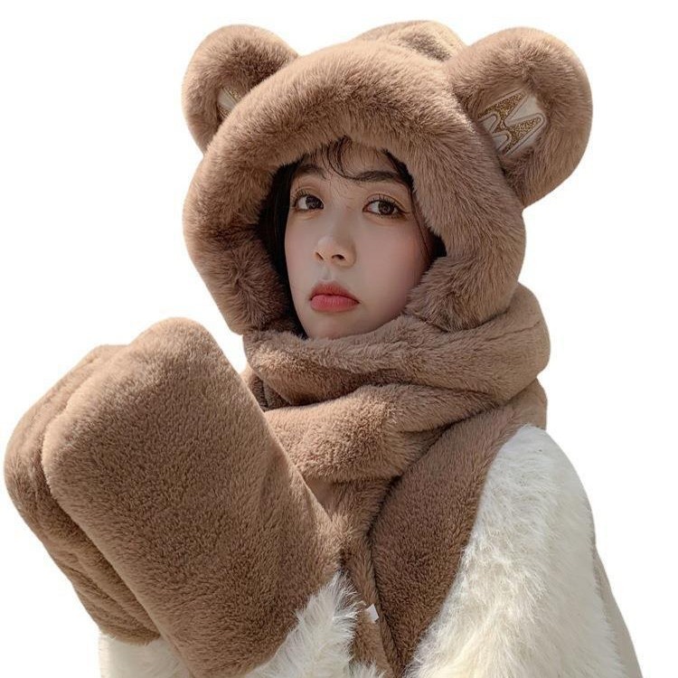 Conjunto de gorro, bufanda y guantes con diseño de oso, todo en uno, para calidez y protección de las orejas, conjunto de tres piezas para mujer, versátil para otoño e invierno, gorro de felpa de una pieza. image 7