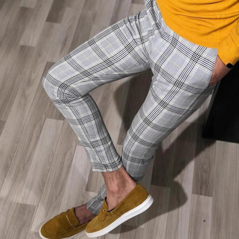 2024 Amazon Independent Station New European and American Men's Casual Dating Versatile Men's Plaid Pure Color Nine-Point Pants
