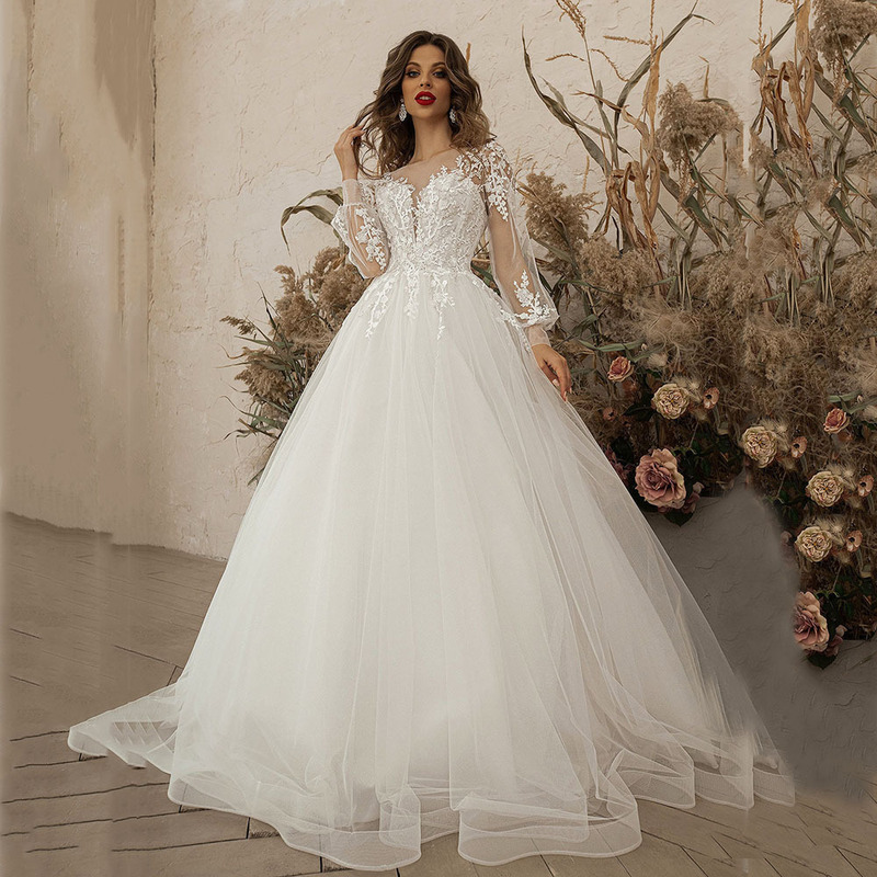 European and American Export Wedding Dresses, High-End Summer Long-Trailing Dresses, Sexy Sheer Off-Shoulder Puff Long-Sleeve Wedding Gowns