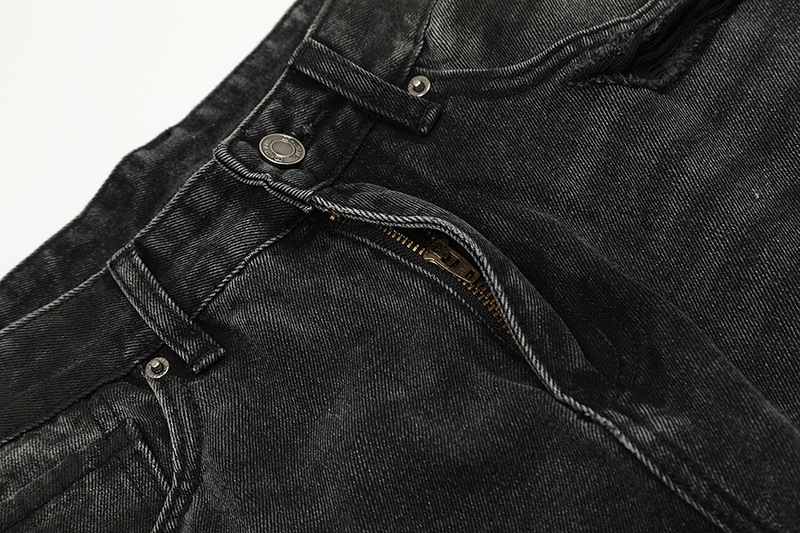 Unisex High Street Distressed Whiskered Ripped Black Jeans American Style Vibe Washed Straight Leg Slightly Flared Hip Hop Floor Length Pants_mkmklike.com
