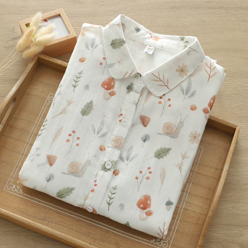 81828 fresh mushroom printed double-layer cotton yarn long-sleeved shirt for women 2024 spring new casual slimming top