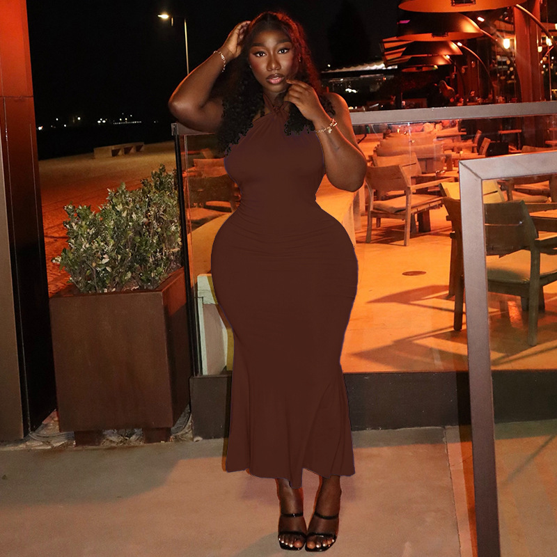 European and American style cross-border streetwear women's dress, solid color, waist-cinching, slimming, bodycon dress, halter neck, simple sleeveless long dress European and American style cross-border streetwear women's dress, solid color, waist-cinching, slimming, bodycon dress, halter neck, simple sleeveless long dress