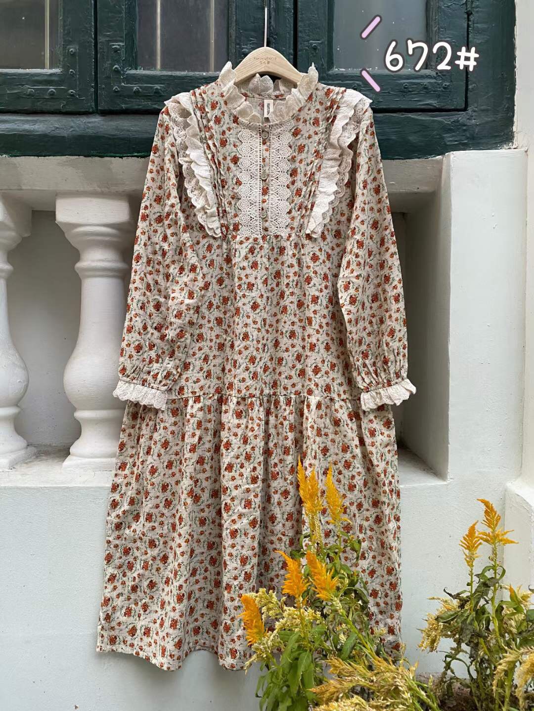 2021 spring new literary retro fresh and sweet stitching floral embroidery long-sleeved dress temperament trend