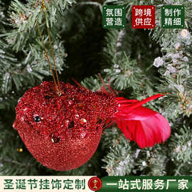 定制圣诞节小鸟装饰红色羽毛仿真小鸟园艺树枝装饰道具摆设挂件