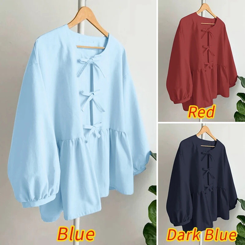 2025 Spring and Summer Fashion Women's Shirt Solid Color Bow Tunic 3/4 Lantern Sleeve Women's Top