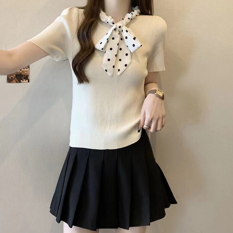 2024 neuer Sommer süßer Polka Dot-Pullover mit Kordelzug, kurzärmeliges Eisseide-Bauchbedeckung, kleines duftendes Streifenoberteil für_voghion.com