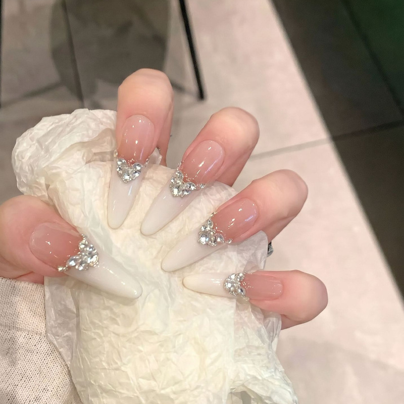 Dai Risen [Sacred] Purely Handmade Wearable Nails, High-End White French Manicure Patches, Zircon Crushed Diamond Nails
