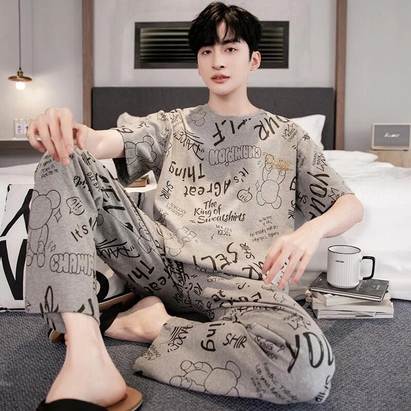 Short-Sleeved Trousers Casual Men's Pajamas Summer Spring and Autumn Imitation Cotton Pullover Loose Korean Style Sports Home Clothes Set