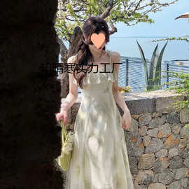 韩版夏季新款吊带长裙仙女荷叶边印花无袖气质连衣裙温柔女装