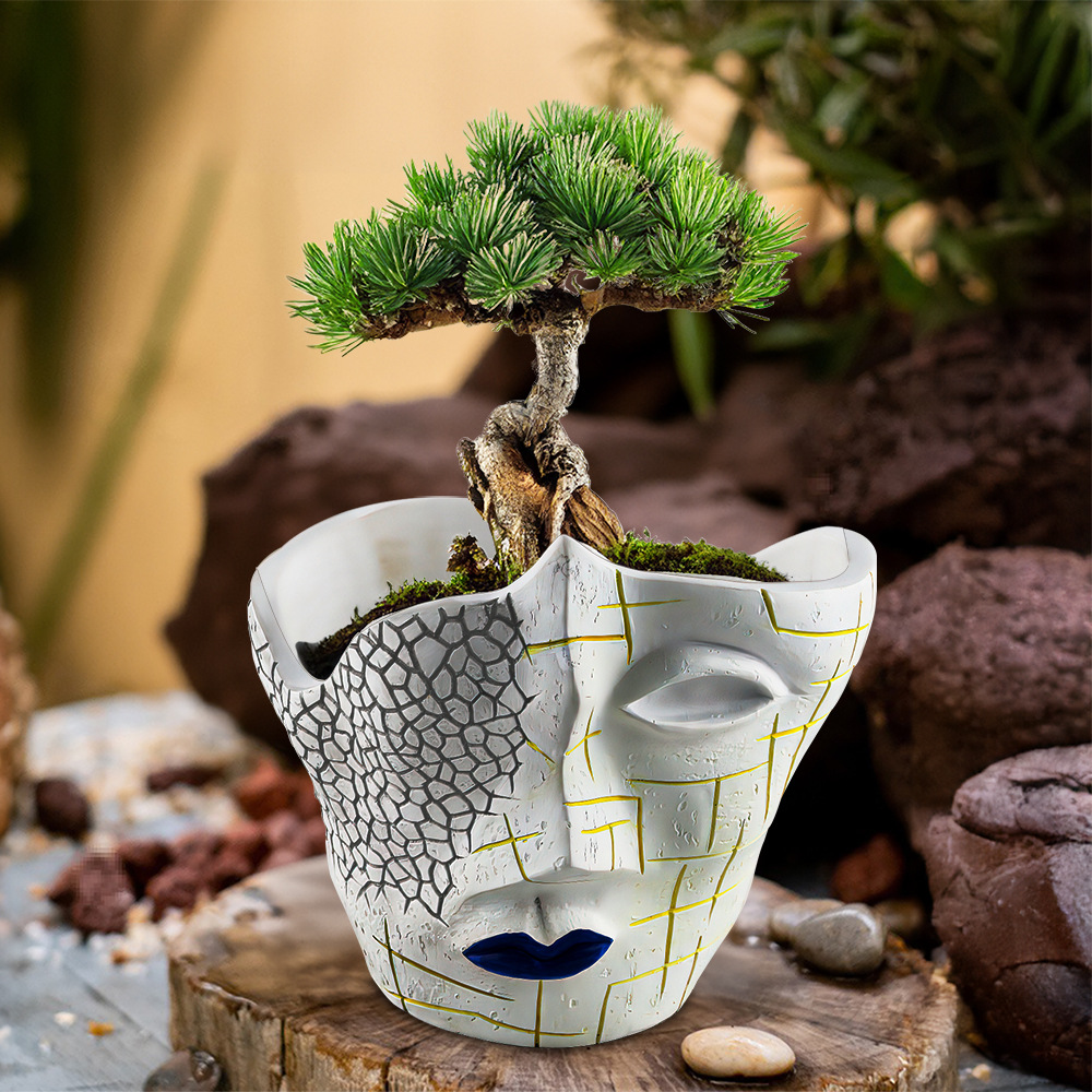  New Creative Face Crack Abstract Flower Pot Resin Craft Plant Potted Container Home Gardening Ornaments