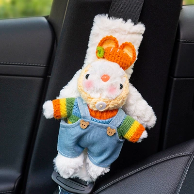 High-Level Girl's Cute Plush – Sürətlər qutusu və əl tormozu başlıqları - lop-eared-rabbit-white-velvet-shoulder-cover-carrot-head-rainbow-clothes-blue-suspenders