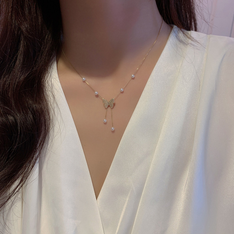 Simple Style Butterfly Imitation Pearl Alloy Tassel Necklace