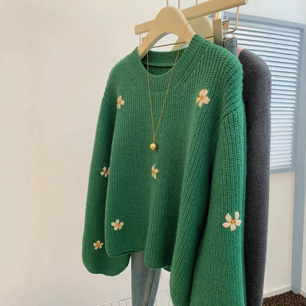 Женский трикотажный пуловер с вышивкой в ретро стиле, осень-зима 2025, новый свободный ленивый стиль, высококачественный корейский трикотаж