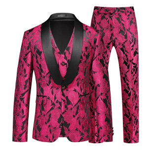 Cross-border European and American Green Fruit Collar British Slim-fit Jacquard Suit Three-piece Men's Business Banquet Host MC Suit Men's Suit