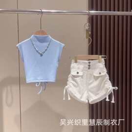 女童夏季新款气质后背镂空短袖上衣松紧腰个性抽绳短裤洋气套装潮