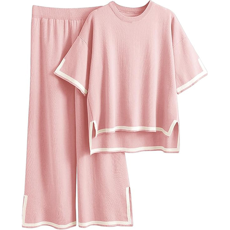 Women's European American Style Two Piece Set Color Blocking Split Short Sleeve Top High Waisted Slimming Wide Leg Pants_voghion.com