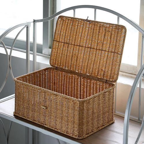 European plastic imitation rattan woven storage box with lid household storage basket desktop storage box