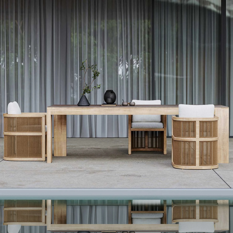 Mesas y sillas de exterior tejidas con cuerda, balcón moderno para ocio, muebles de patio de alta gama, conjunto de aleación de aluminio resistente al agua y al sol.