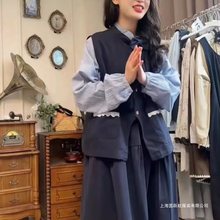 日系软妹森系简约马甲女学生秋复古半身裙休闲衬衫套装