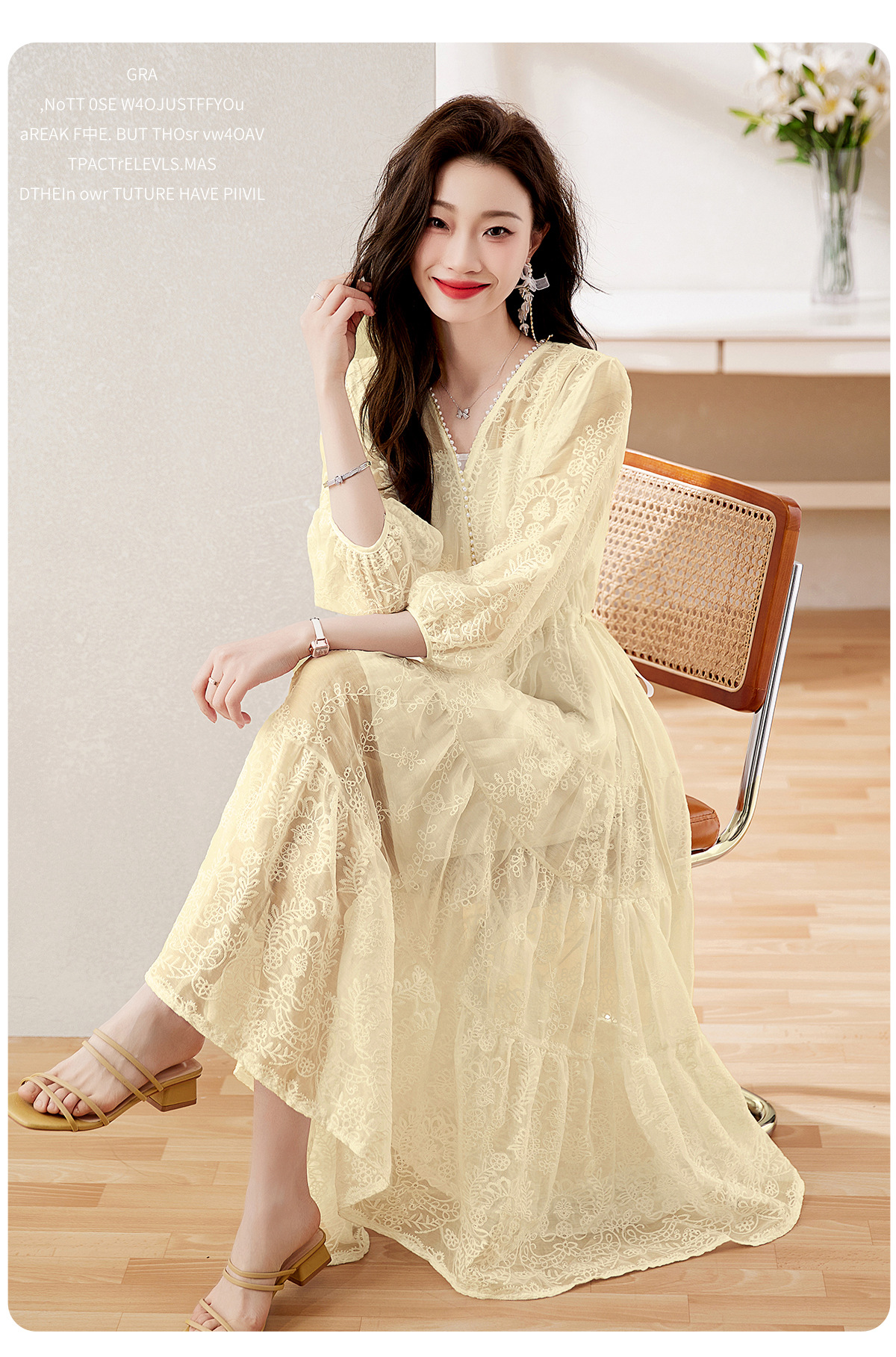 Đầm maxi nữ cổ V thắt eo dáng dài thanh lịch NY1608 — xanh lam, màu tím, màu vàng chi tiết 3