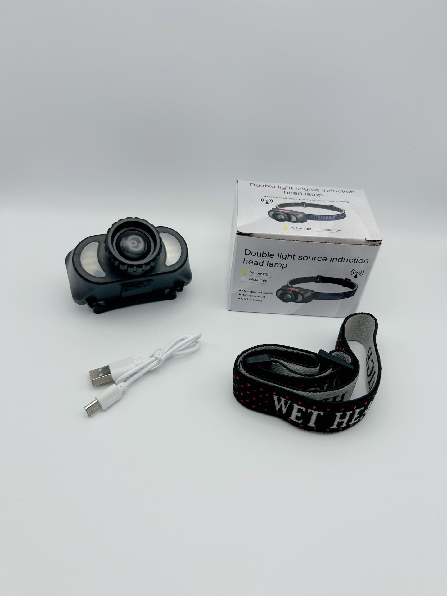 Luz amarilla faro con sensor de pesca lámpara de zoom batería larga batería recargable led luz azul linterna especial montada en la cabeza para pesca nocturna