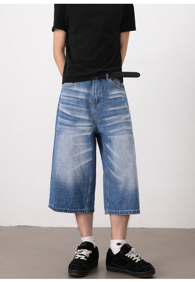 Quần short jeans nam ống rộng dáng lửng phong cách retro giặt mài — Màu xanh dương, Xanh nhạt chi tiết 17