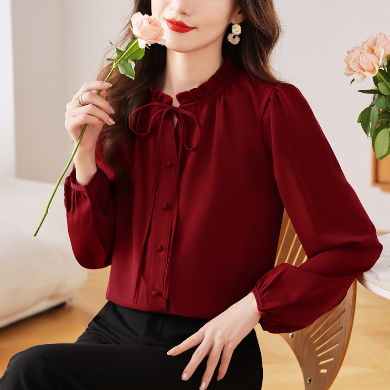 Lace-Up Collar Blouse for Women, 2026 Spring and Autumn New Style, Silk Blouse, Chinese-Style Mulberry Silk Top Lace-Up Collar Blouse for Women, 2026 Spring and Autumn New Style, Silk Blouse, Chinese-Style Mulberry Silk Top