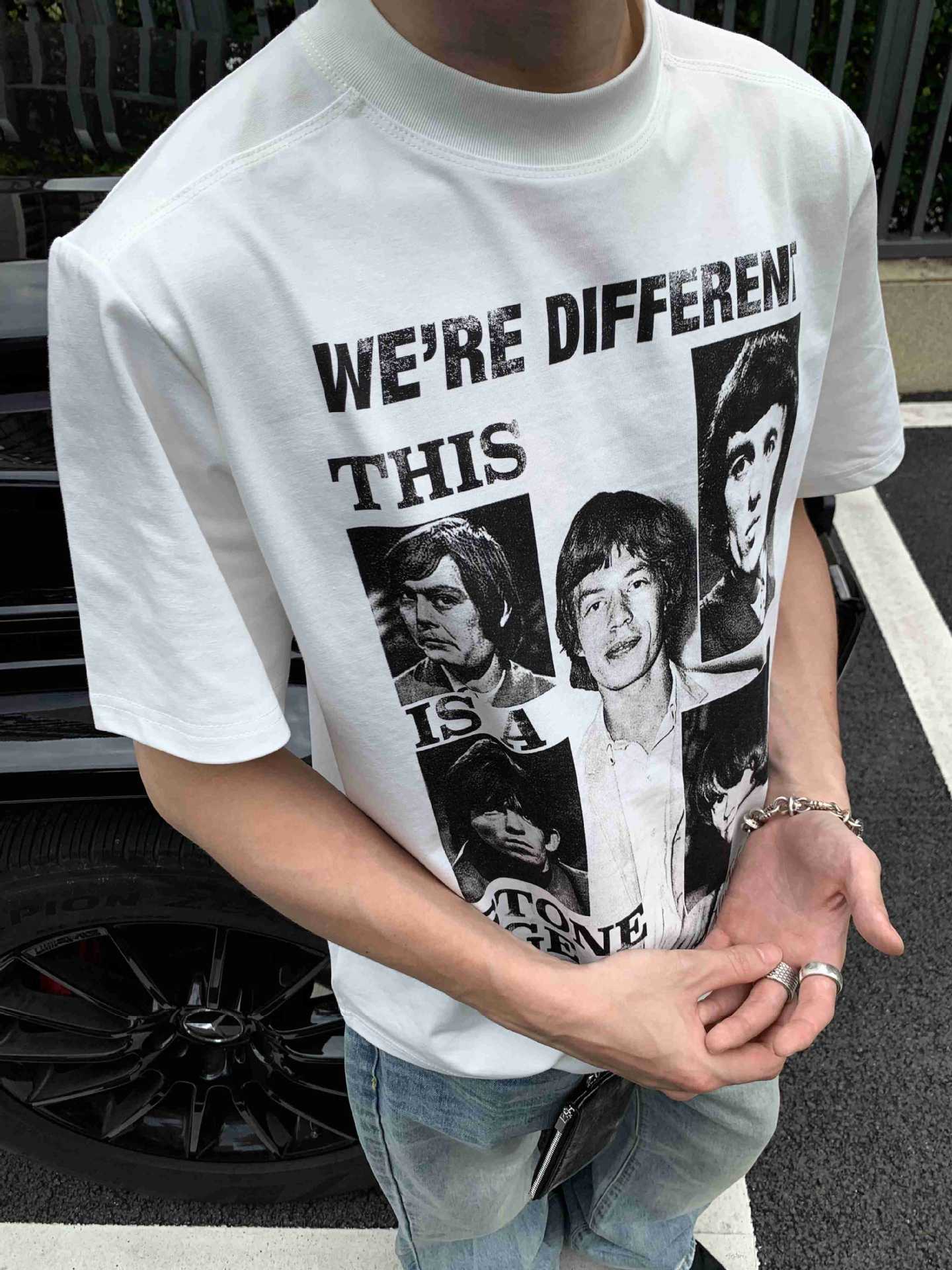 EMEメンズ夏バンドプリント人形レトロ小襟元半袖teeシャツcleanfitトレンドジャケット